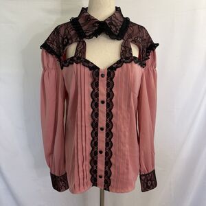 Mochipan Cottontail Chaos Blouse Lace Trim Top Size LARGE Pink